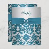 プリントリボン シルバー ティール ダマスク 返信カード (正面/裏面)