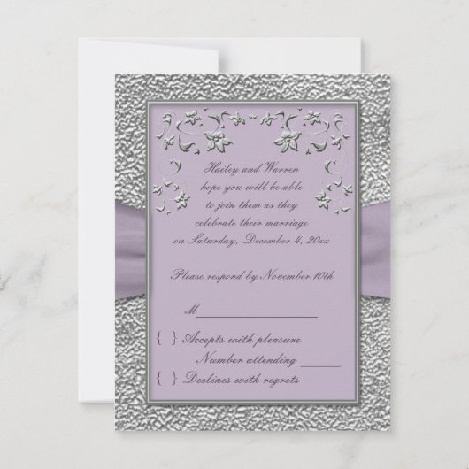 プリントリボン スモーキーなプラムパープルとシルバーグレーの花柄の返信カード 出欠カード (裏面)