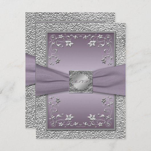 プリントリボン スモーキーなプラムパープルとシルバーグレーの花柄の返信カード 出欠カード (正面/裏面)