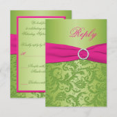 プリントリボン ピンクとグリーンのダマスク返信カード 出欠カード (正面/裏面)