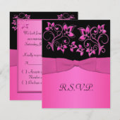 プリントリボン ブラック ピンク フローラル RSVP カード (正面/裏面)