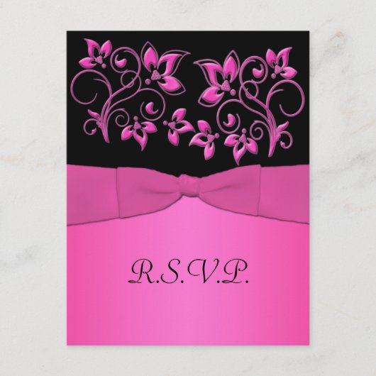 プリントリボン ブラック ピンク フローラル RSVP カード (正面)
