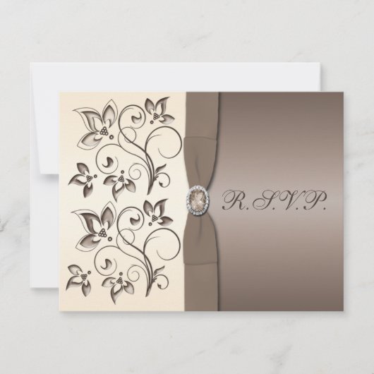 プリントリボン モカ アイボリー フラワー RSVP カード (正面)