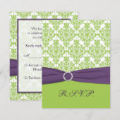 プリントリボン ライム色、パープルダマスク返信カード 出欠カード (正面/裏面)