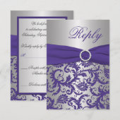プリントリボン 紫とシルバーのダマスク柄 返信カード 招待状 (正面/裏面)