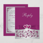 プリントリボン 紫 銀の花模様の返信カード 招待状 (正面/裏面)