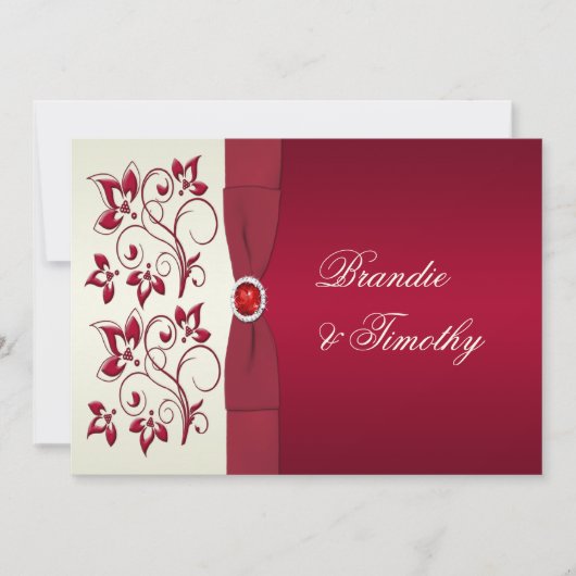 プリントリボン 赤とアイボリーの花柄 ウェディング招待状 招待状 (正面)