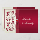 プリントリボン 赤とアイボリーの花柄 ウェディング招待状 招待状 (正面/裏面)