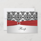 プリントリボン 赤、グレー、黒のダマスク柄 RSVP カード (正面)