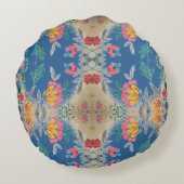 プリントヴィンテージ壁紙ブルーピンク黄色フローラ ラウンドクッション (裏面)