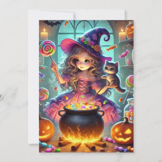 プリント可能なお洒落かわいい魔女ハロウィーントリート 招待状 (正面)