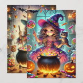 プリント可能なお洒落かわいい魔女ハロウィーントリート 招待状 (正面/裏面)