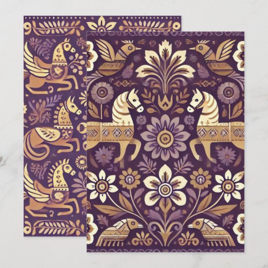 プリント可能なパープルとゴールドのスカンジナビアンフォークアート 招待状 (正面/裏面)