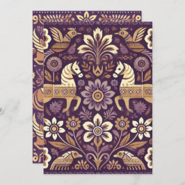 プリント可能なパープルとゴールドのスカンジナビアンフォークアート 招待状