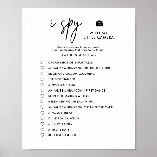プリント可能なミニマルなI Spy ウェディングフォトハントゲーム ポスター (正面)