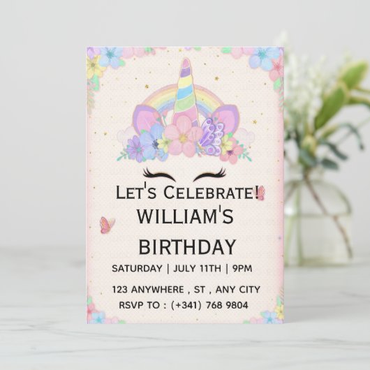 プリント可能なユニコーンの誕生日カード | 即時ダウンロード 招待状 (スタンド正面)