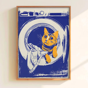 プリント可能なランドリー壁画 漫画ポスター 洗濯機の中の猫 ポスター