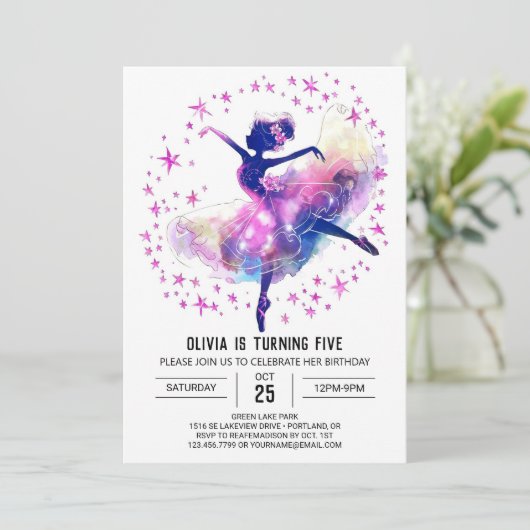 プリント可能な子供のバレリーナの誕生日 招待状 (スタンド正面)