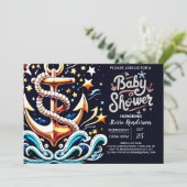 プリント可能な海の波の青いベビーシャワー 招待状 (スタンド正面)
