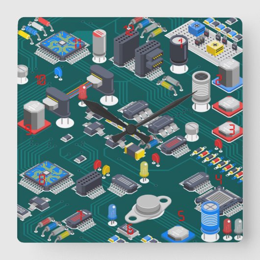 プリント基板(PCB)赤LED スクエア壁時計 (正面)