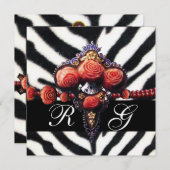 プリント赤サンゴバラ、白黒ゼブラ肌 招待状 (正面/裏面)