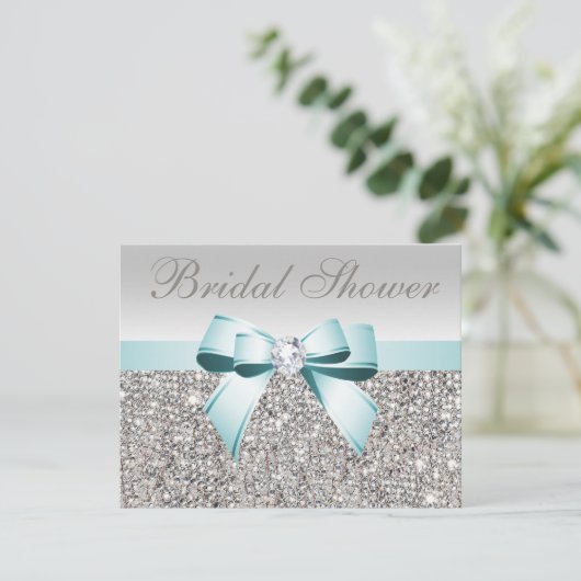 プリント銀シークインティール(緑がかった色)ボウイメージブライダルシャワー 招待状 (スタンド正面)