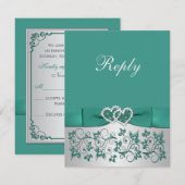 プリント リボン ティール、シルバー フラワーリプライ カード (正面/裏面)