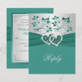 プリント リボン ティール、シルバー フラワーリプライ カード (正面/裏面)