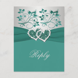 プリント リボン ティール、シルバー フラワーリプライ カード
