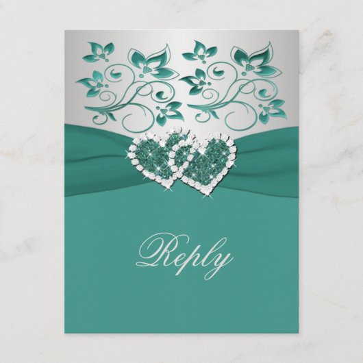 プリント リボン ティール、シルバー フラワーリプライ カード (正面)