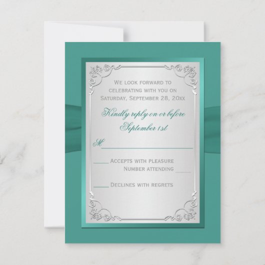 プリント リボン ティール、シルバー フローラル 返信カード (裏面)