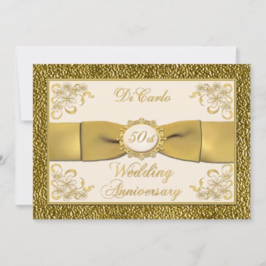 プリント リボン 花柄 50周年 誕生日 招待状 (正面)