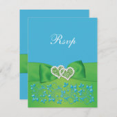 プリント リボン 青緑 花 ハート 返信カード (正面/裏面)