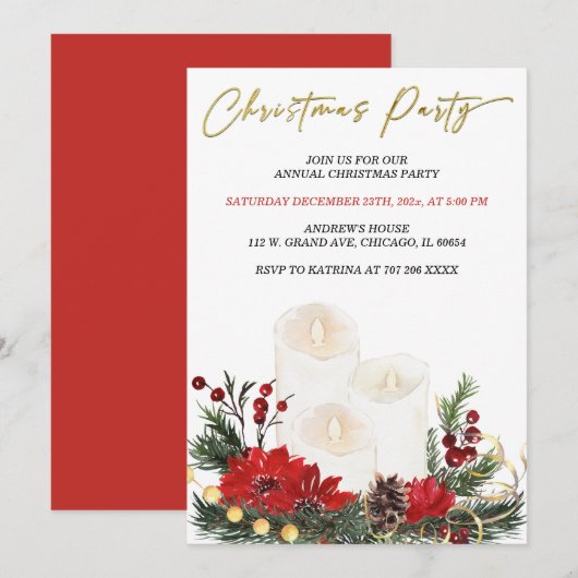 プリン特able レッド アンド ゴールド クリスマスパーティ 招待状 (正面/裏面)