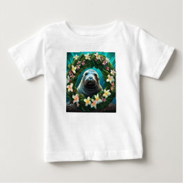 プルメリアとハワイアンモンクアザラシのキャラクターアート ベビーTシャツ