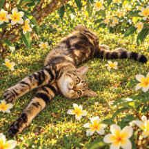 プルメリアの花に囲まれてくつろぐトラ猫の枕