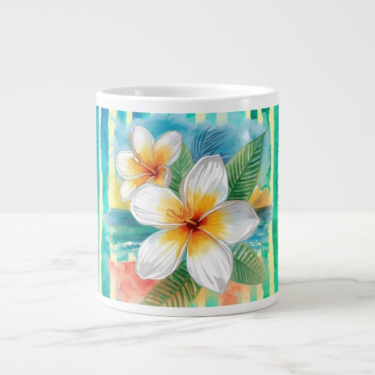 プルメリアの花、ターコイズブルーと黄色のライン模様 ジャンボコーヒーマグカップ (正面)
