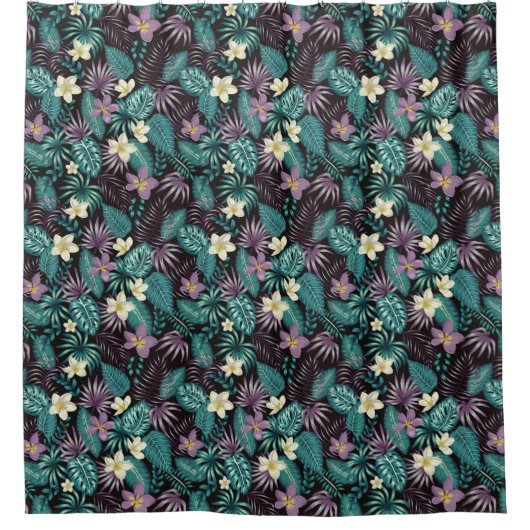 プルメリアフラワーエメラルドグリーン熱帯葉 シャワーカーテン (正面)