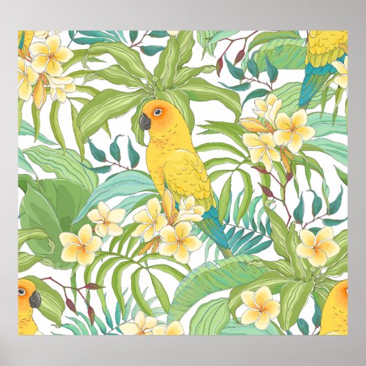 プルメリア、オウム、ヴィンテージの花のパターン。 ポスター (正面)