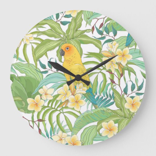 プルメリア、オウム、ヴィンテージの花のパターン。 ラージ壁時計 (正面)