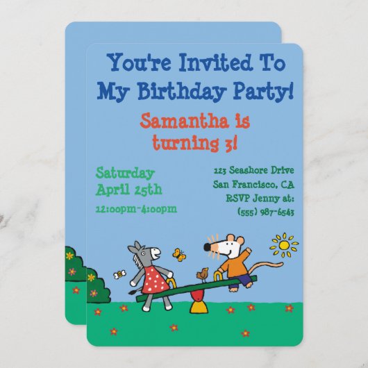 プレイグラウンドでのメイジーとドティシーソー 招待状 (正面/裏面)