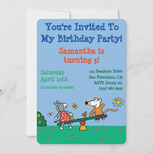 プレイグラウンドでのメイジーとドティシーソー 招待状 (正面)