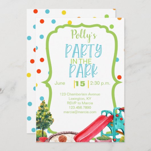 プレイグラウンドバースデーパーティーアレンジメントパークアウトドア 招待状 (正面/裏面)