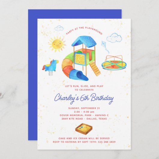 プレイグラウンド誕生日パーティーの招待状 – パークパーティー 招待状 (正面/裏面)
