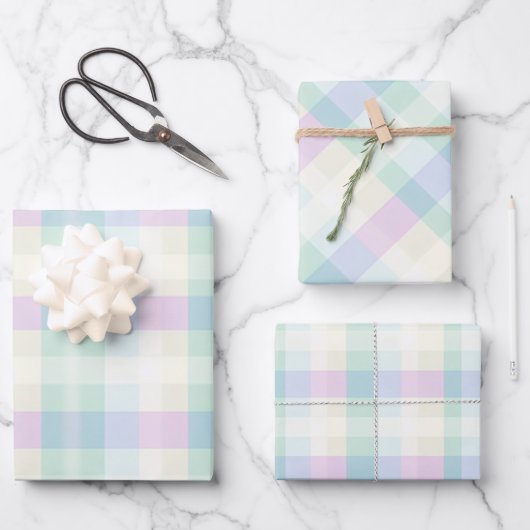 プレイドかわいらしパステルピンクグリーンイエローブルーパープル ラッピングペーパーシート (正面)