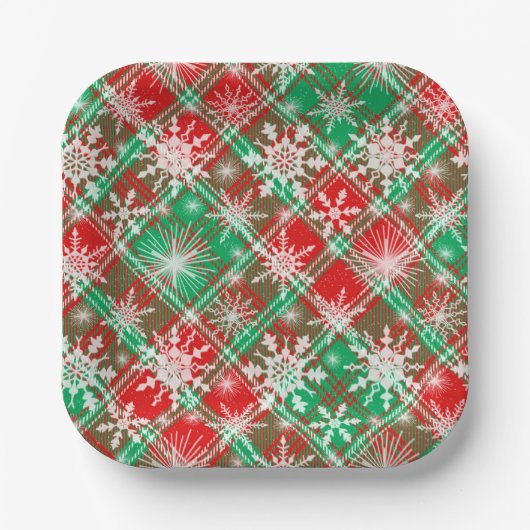 プレイドと雪の結晶クリスマスパターン2 ペーパープレート (正面)