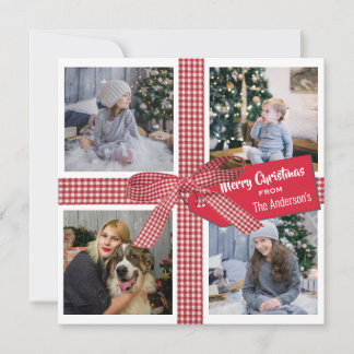 プレイドのリボンとボウの4枚の写真のクリスマスコラージュ シーズンカード