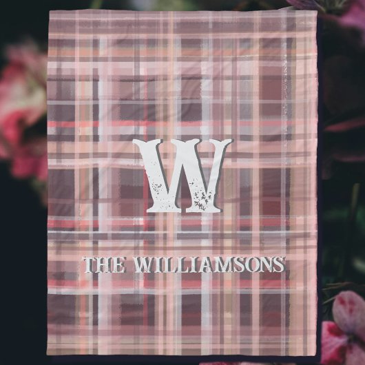 プレイドイニシャルスクリプトレッド赤面ブルゴーニュ桃ピンク フリースブランケット