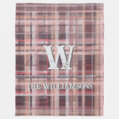 プレイドイニシャルスクリプトレッド赤面ブルゴーニュ桃ピンク フリースブランケット (正面)