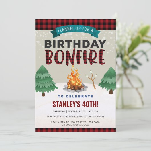プレイドウィンターアウトドアボンファイア誕生日招待状 招待状 (スタンド正面)